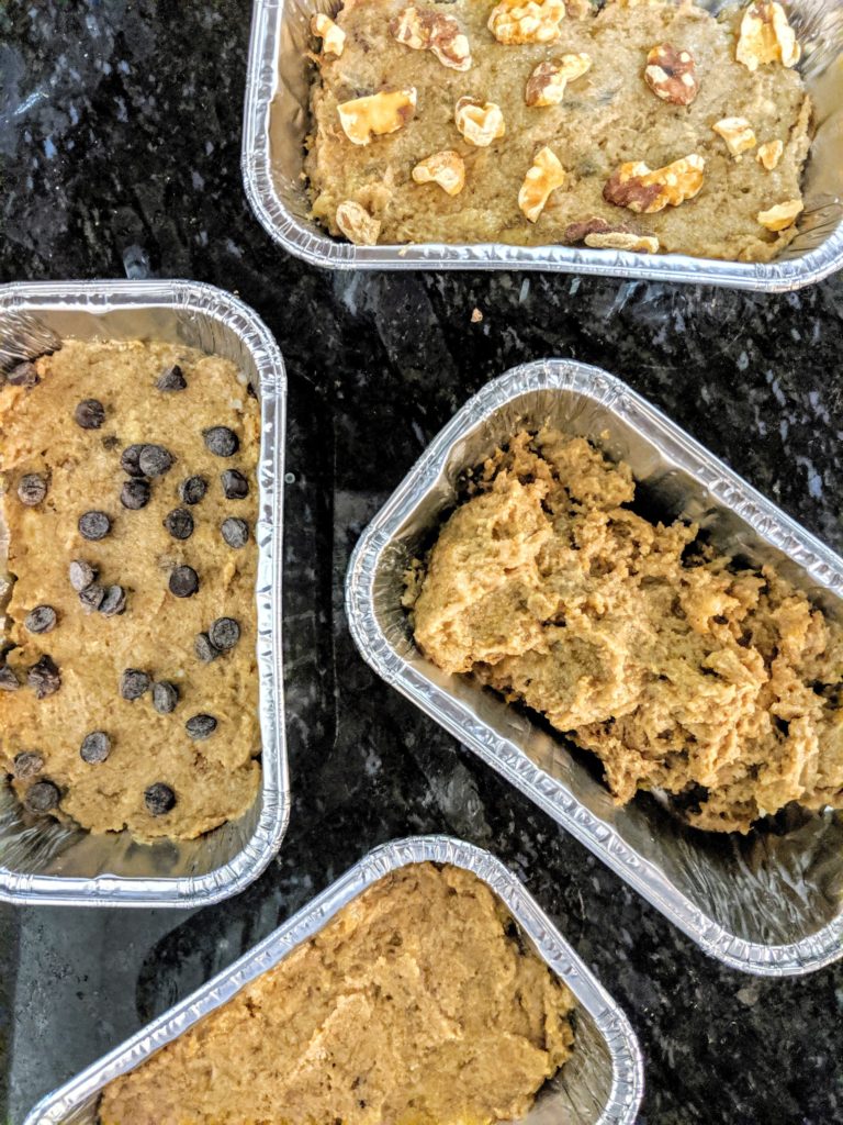 4 loaves of Mini Banana Breads with lots of Peanut Butter flavor. Made with coconut flour and flax eggs, these have no flour, are gluten free, dairy free, and Vegan too! Healthy banana bread ftw!