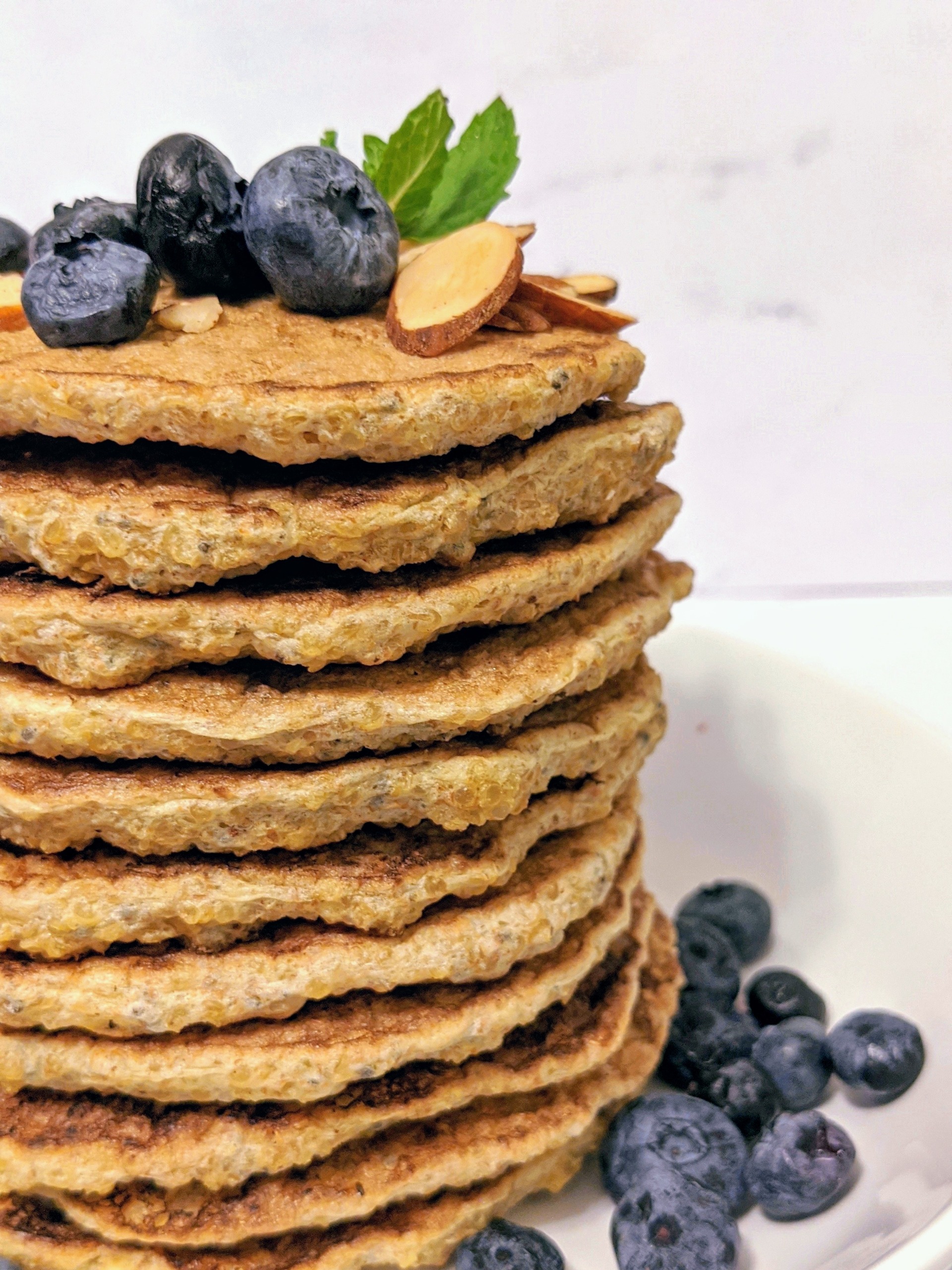 quinoa pancakes with essential proteins, fiber and whole grain. vegan option too