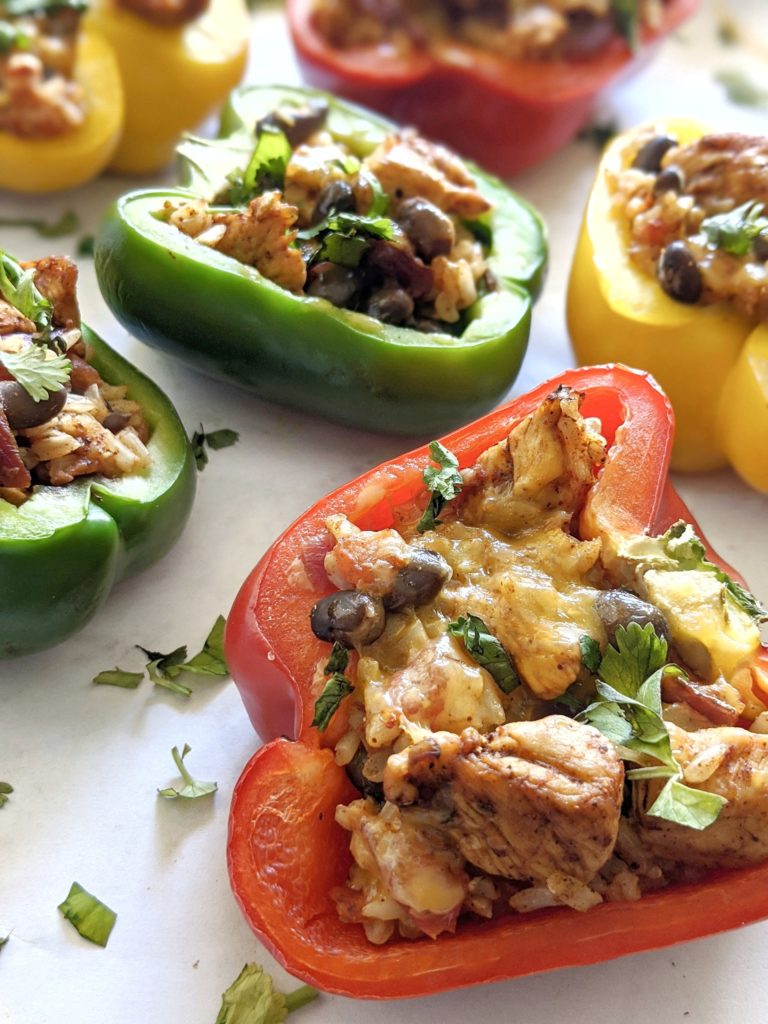 A simple recipe for chicken, black beans and rice stuffed bell peppers for a Mexican version of stuffed peppers with an easy storing option too.
