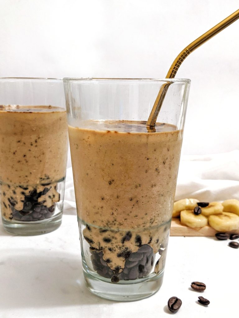 Rise and Shine every morning with this Banana Coffee Shake: A thick creamy drink with a kick of caffeine to get you going! Made with some Greek yogurt and chia seeds, this delicious concoction also packs a protein and fiber punch.