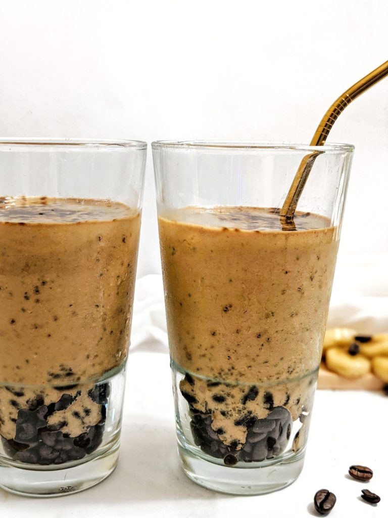 A thick cold coffee milkshake made with instant coffee and no espresso for a caffeinated breakfast drink.