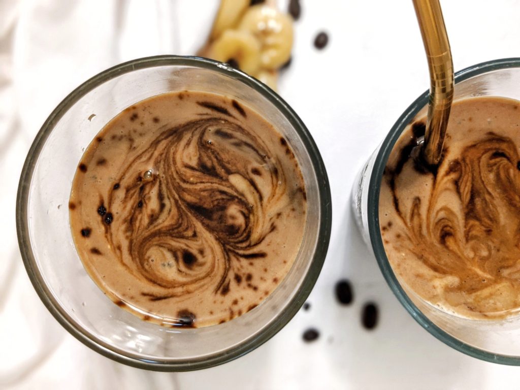 A smooth and thick coffee banana milkshake with chia seeds and yogurt for extra thickness to keep you full!
