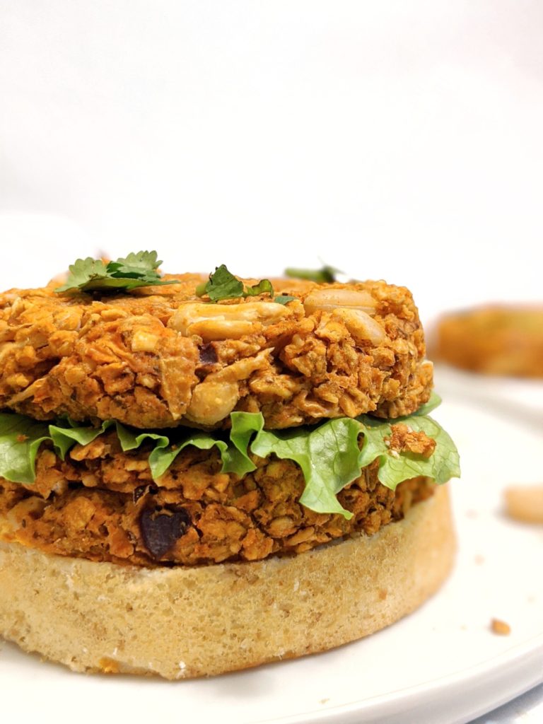 Make these homemade white bean veggie burgers with quick oats or oatmeal and cook them by baking in the oven, and you have a gluten-free and low fat baked burger patty!