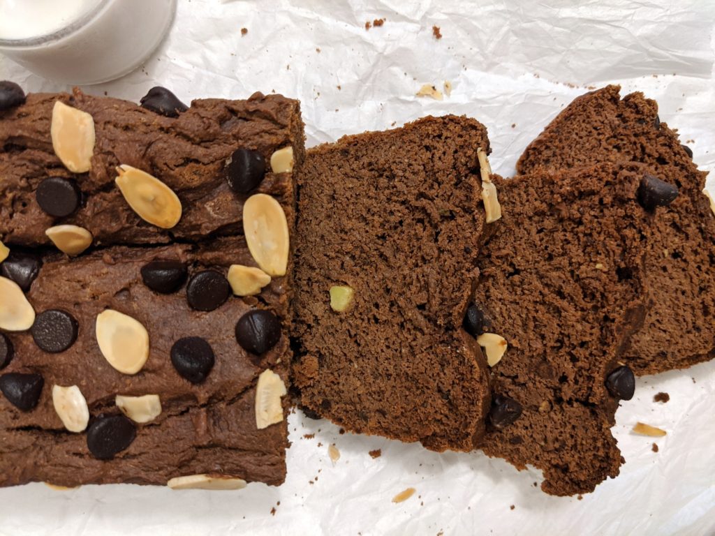 This chocolate avocado loaf is baked with protein powder to replace some of the whole wheat flour. Protein punch with fewer calories!