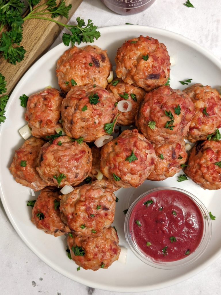Flavorful Smoky Hot Ketchup Chicken Meatballs made with a spicy beetroot ketchup, ground chicken breast and almond flour. The perfect low carb and paleo-friendly barbecue flavored meatballs!