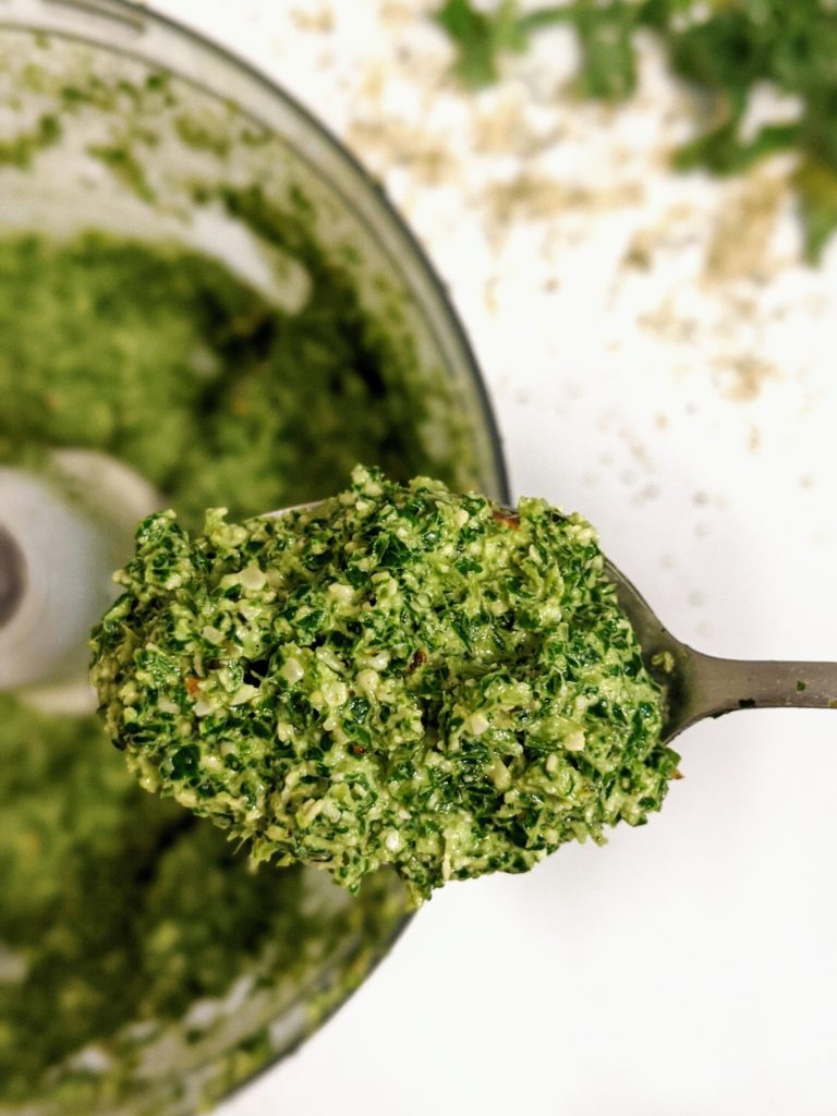This dairy free and nut free vegan pesto sauce is makde with kale and hemp and has no nuts in in it whatsoever!