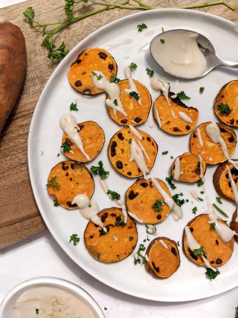 Tender Sweet Potato Bites served with a creamy Maple-Tahini Yogurt dip. This easy homemade appetizer takes 10 minutes and is perfect for your next get-together or solo night-in!