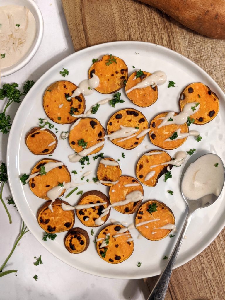 The best recipe for sweet potato chips or even wedges with a vegan maple tahini yogurt dressing using stevia sweetened maple syrup.