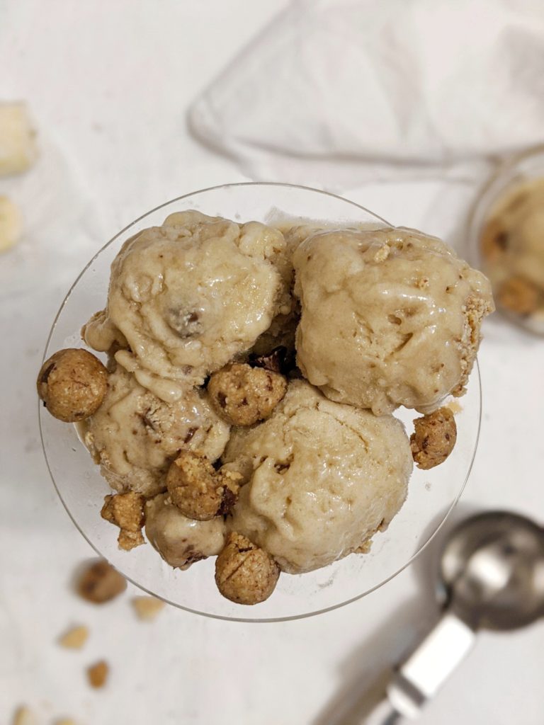 Make this chocolate chip cookie dough banana ice cream with frozen bananas and freeze it for an ice cream consistency, or as a soft serve or even milkshake.