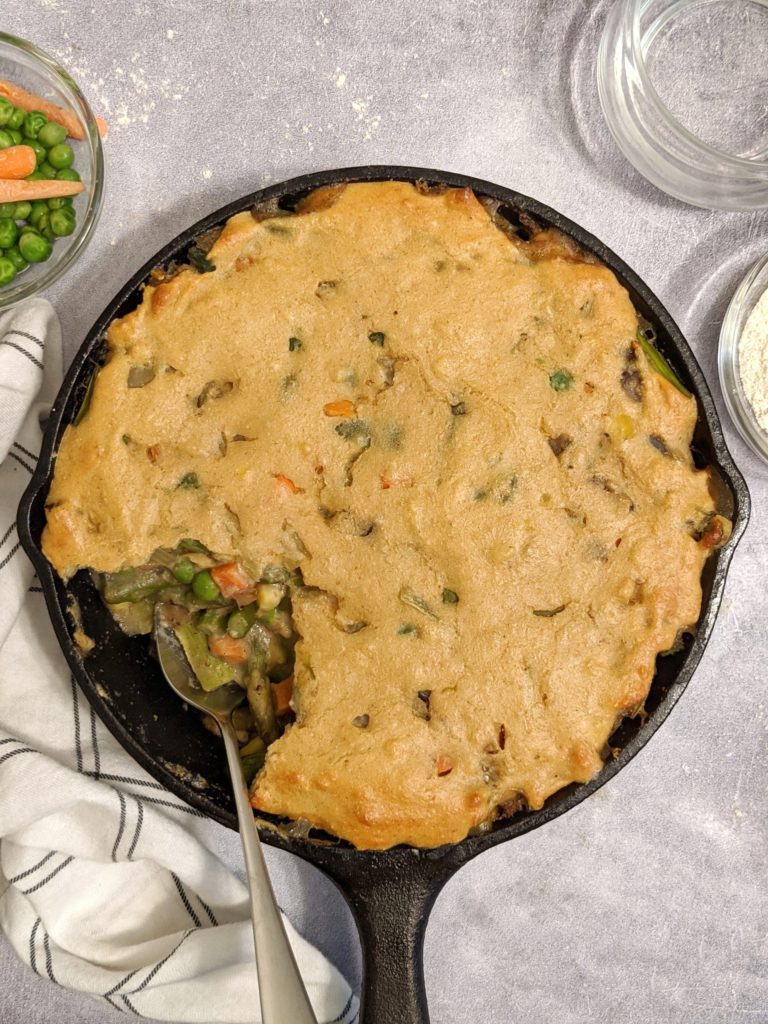 Mixed Vegetable Skillet Pot Pie with Pancake ‘Crust’: Tender veggies in a savory, soupy sauce topped with a giant fluffy pancake. An easy meatless alternative to the classic chicken pot pie, but with a brunchy twist.