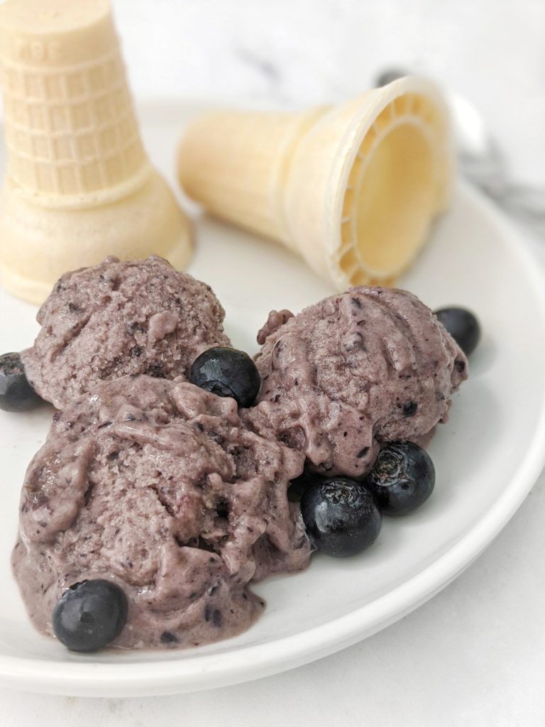 Make this frozen banana blueberry ice cream and serve it as a soft serve, freeze it for an ice cream consistency or sorbet (with milk) or add more almond milk for a smoothie or even milkshake.