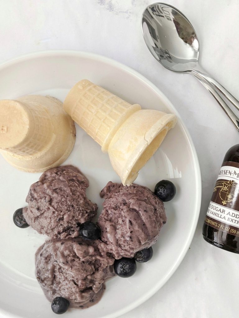 This no churn and non-dairy banana blueberry ice cream recipe needs no ice cream maker or blender - just a food processor, frozen bananas, berries and vanilla.