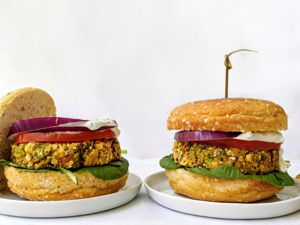 Healthy homemade veggie burgers made with chickpeas, broccoli, carrots and nutritional yeast for the best broccoli cheese vegan burger.