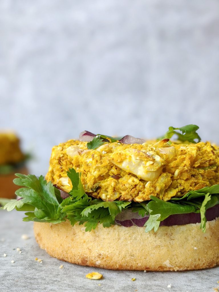 This vegan cauliflower chickpea curry veggie burgers are made by using a flax egg, and are so flavorful with all the spices, they taste great even without a bun!