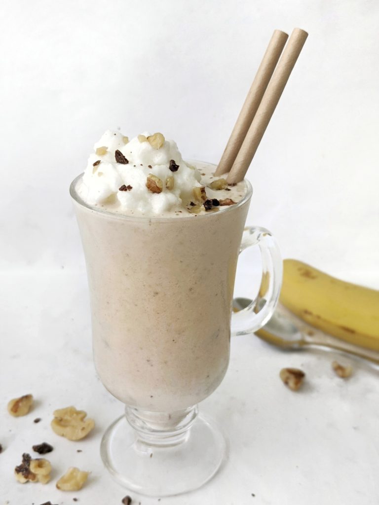 Try this chunky monkey banana protein smoothie made with frozen banana, yogurt and collagen instead of protein powder for a drink that tastes just like the ice cream!