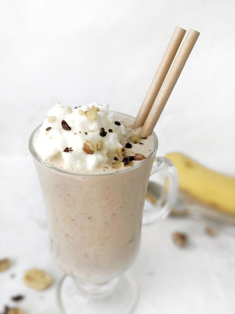 This Chunky Monkey Protein Shake is made with frozen bananas, collagen and yogurt and topped with walnuts and chocolate chunks for a drink that tastes like the ice cream flavor!
Thick, creamy and perfect for a breakfast or post-workout smoothie.