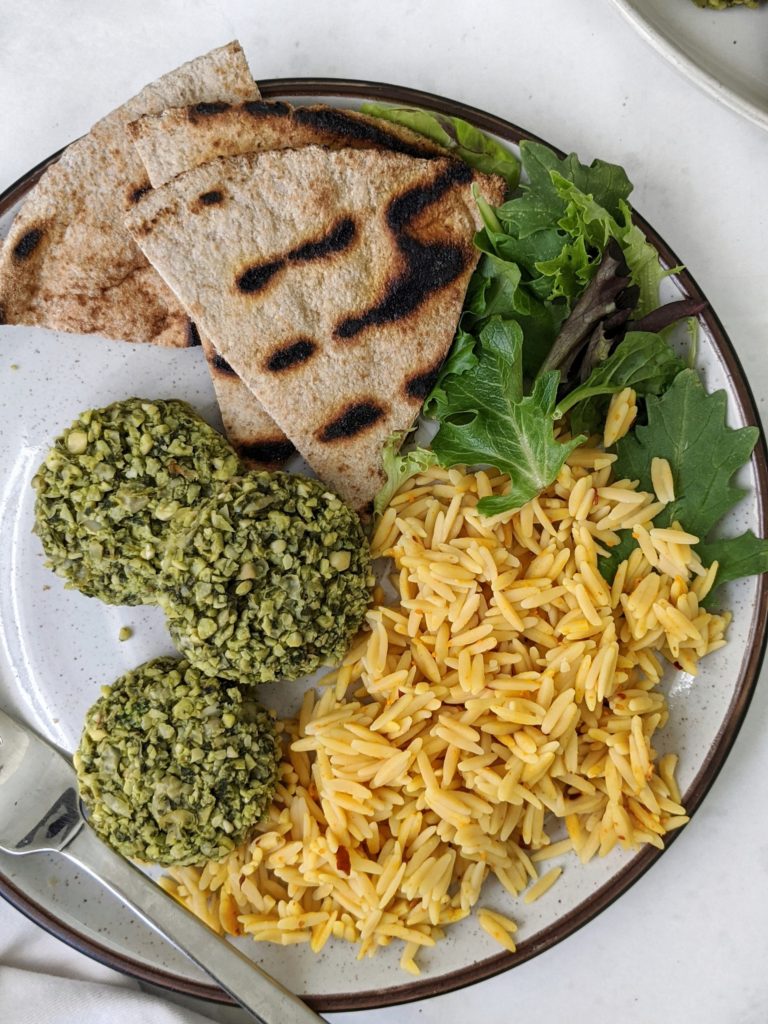 Try this recipe for easy and vegan homemade falafel balls by cooking the mix in an air fryer or baked in the oven served as a bowl with greens a delicious golden turmeric rice!