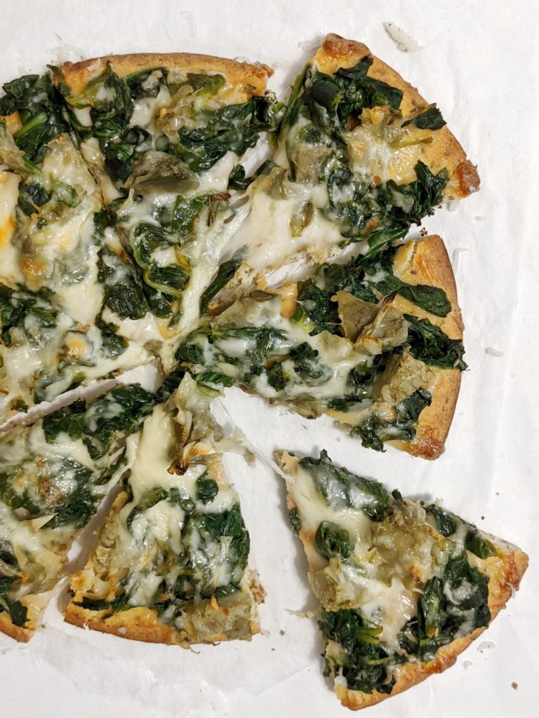 Try this healthy and creamy spinach garlic cheese pizza made with fresh mozzarella, goat or feta cheese or even cream cheese!