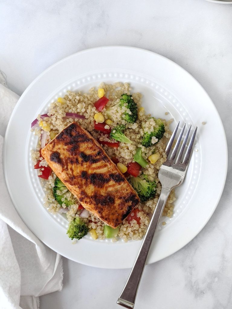 The best part about this dish is that it’s a really easy quinoa salad recipe, and even easier if you’ve got cooked quinoa! Then all you need to “cook” is the barbecue salmon fillets.