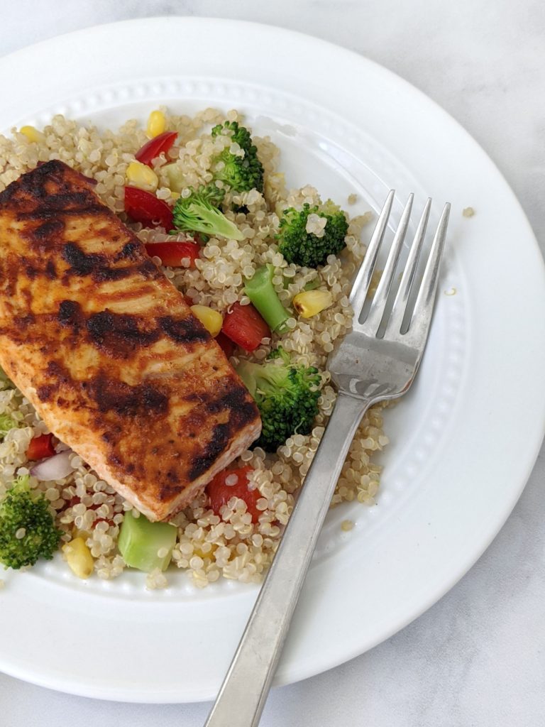 Other than the bbq sauce, salmon and quinoa, all you need for this healthy salmon dinner is a few vegetables and seasonings.