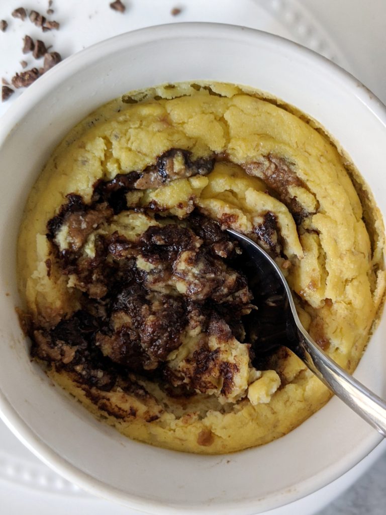 With no flour and no added sugar, use a non dairy almond milk and stevia sweetened chocolate chips for the perfect gluten free, dairy free and sugar free banana mug cake recipe.