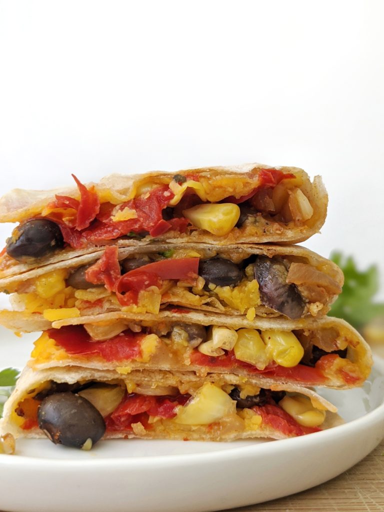 Easy gluten free and gain free black bean, corn and cheese quesadillas made with almond flour tortillas.
