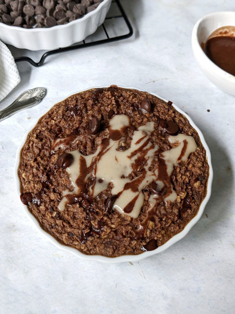 Use almond milk or another non dairy milk and no banana for this baked oatmeal recipe to make a dairy free chocolate dessert that has low sugar and can be made vegan too.