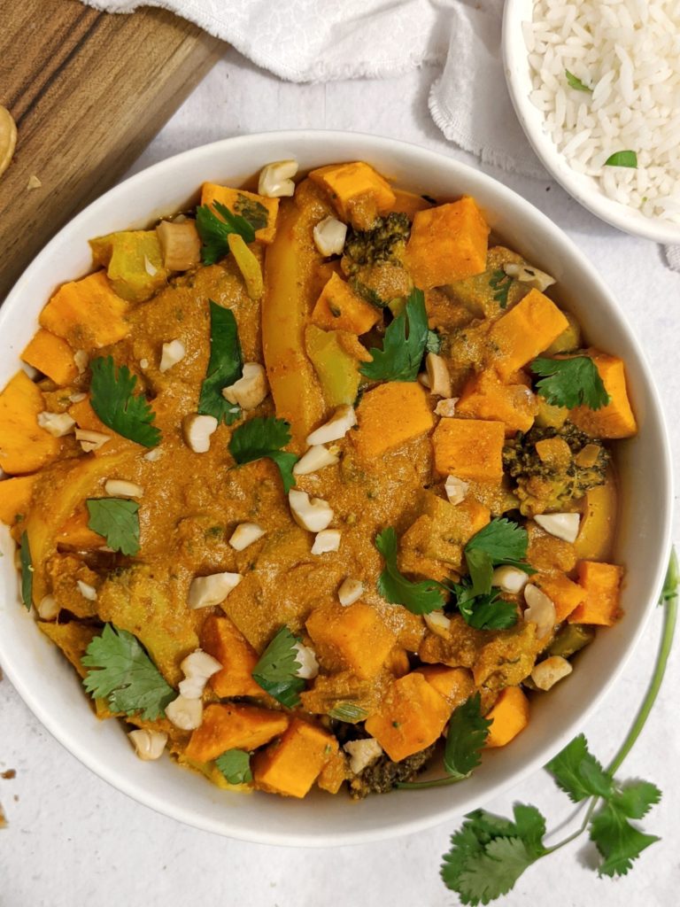This healthy vegan sweet potato curry is loaded with vegetables - broccoli and bell peppers - for a healthy but flavorful meal.