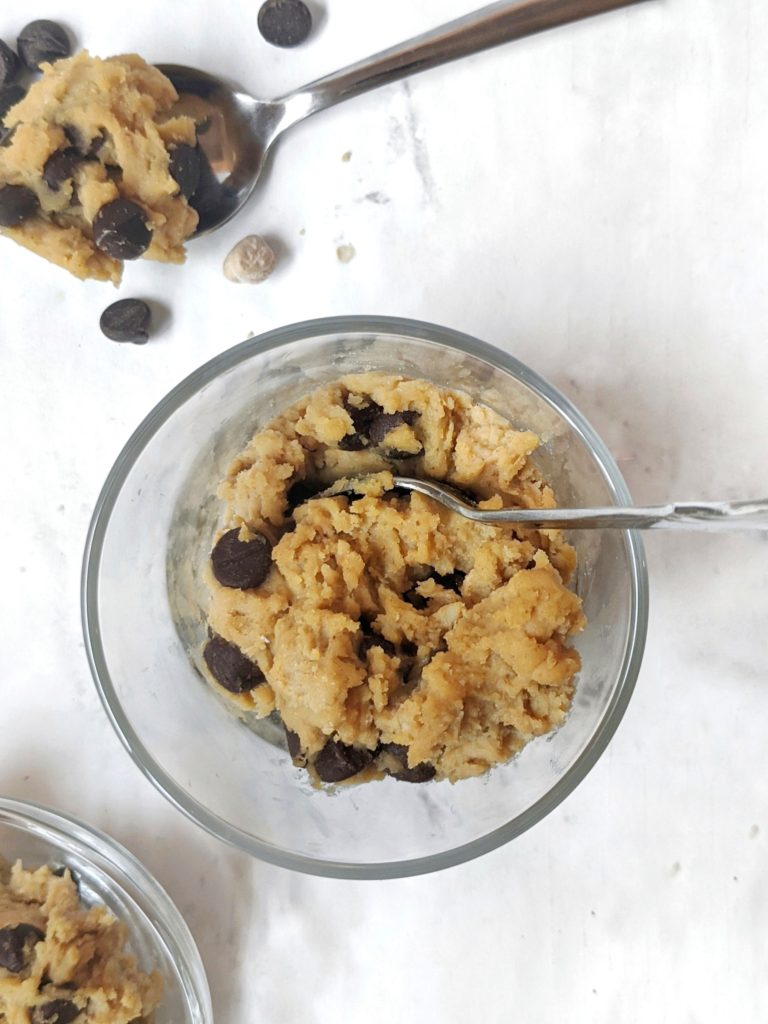 A low calorie peanut butter chickpea cookie dough made with stevia sweetener and chocolate chips and without dates for a tasty treat with all the nutrition but a lot less calories.