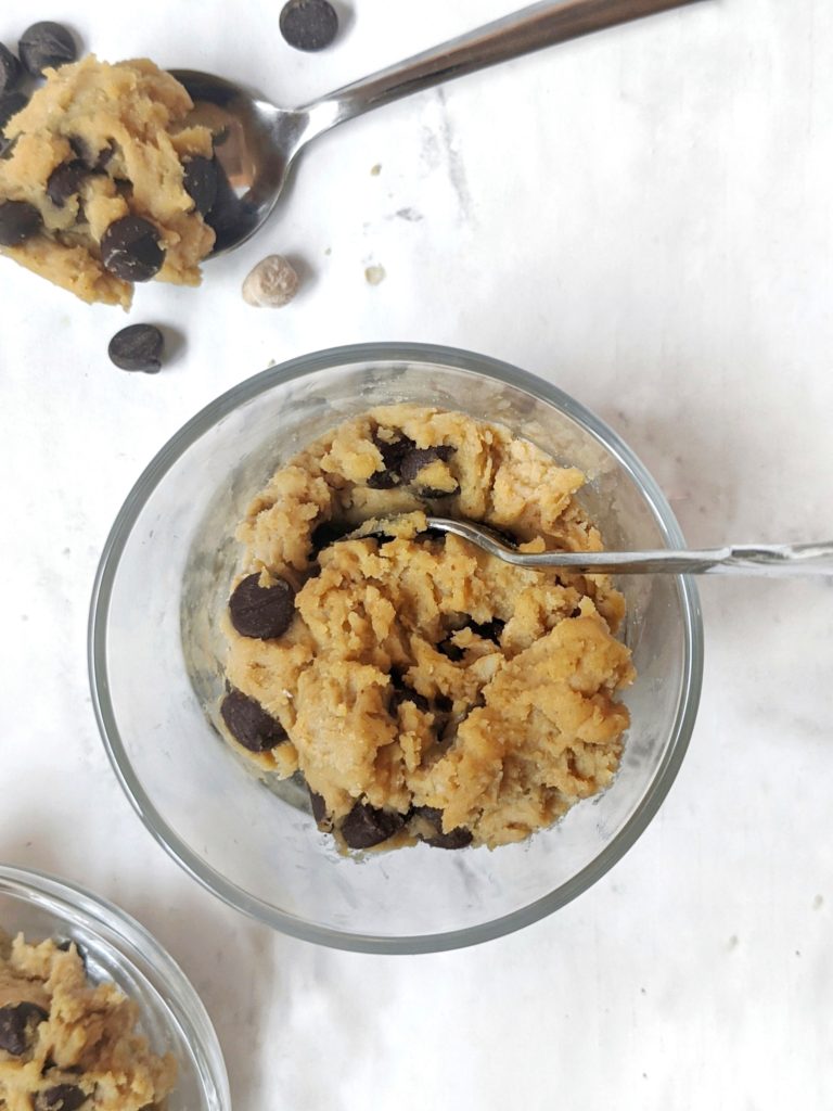 A low calorie peanut butter chickpea cookie dough made with stevia sweetener and chocolate chips and without dates for a tasty treat with all the nutrition but a lot less calories.