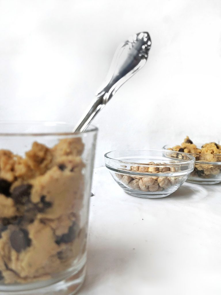 This edible peanut butter cookie dough is made with chickpeas or garbanzo beans and no flour, eggs, milk or butter - an easy and tasty Vegan, gluten free and dairy free snack or dessert.