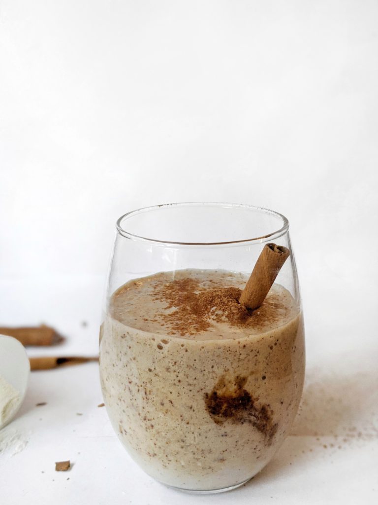 Delicious Snickerdoodle Power Protein Smoothie with a dose of fiber and healthy fat from flaxseeds and almond butter. Perfectly sweet and creamy (with cauliflower and no banana) this protein shake tastes just like a fresh cinnamon cookie!