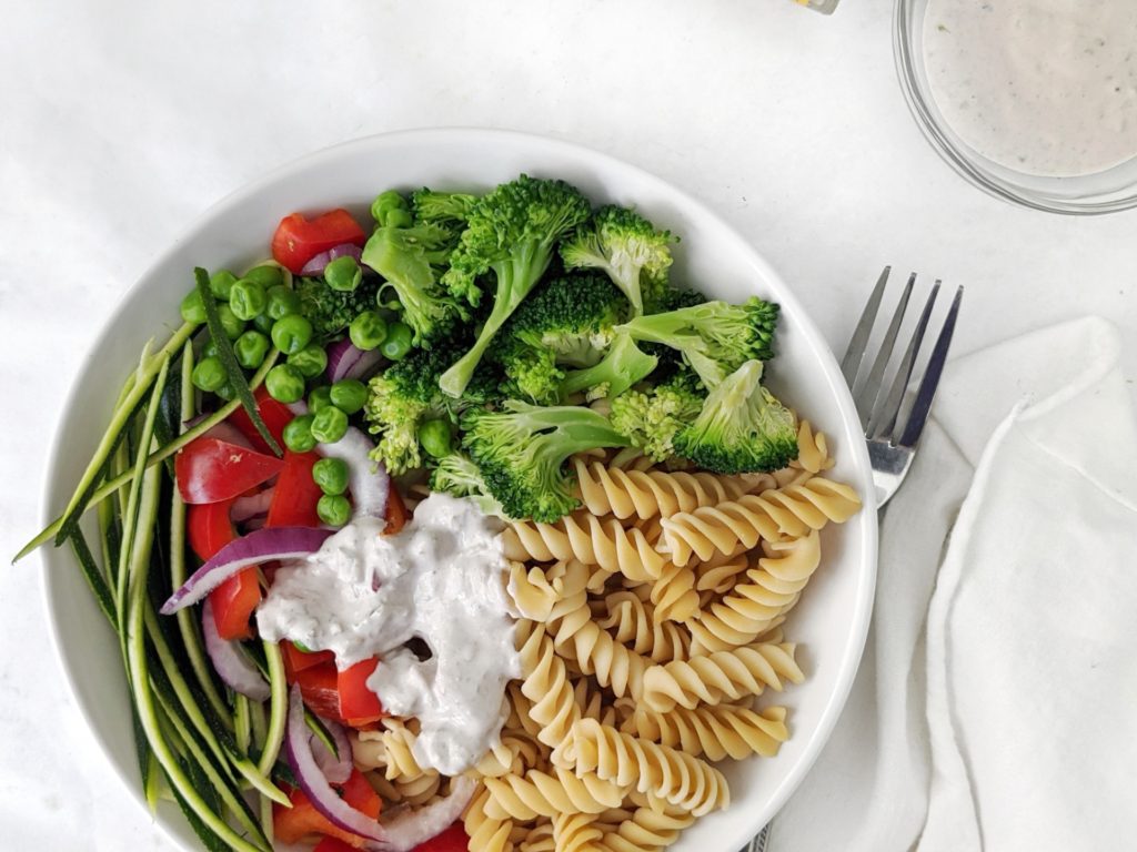 Meal prep this easy and healthy creamy vegan pasta salad with an italian dressing and add in some tofu for extra protein!