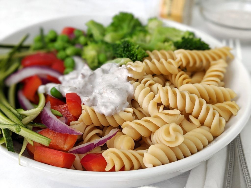 If you’re looking for vegan or vegetarian pasta salad ideas or recipes, try this broccoli tahini - or nut butter - pasta salad recipe with a ton of veggies and creamy sauce!