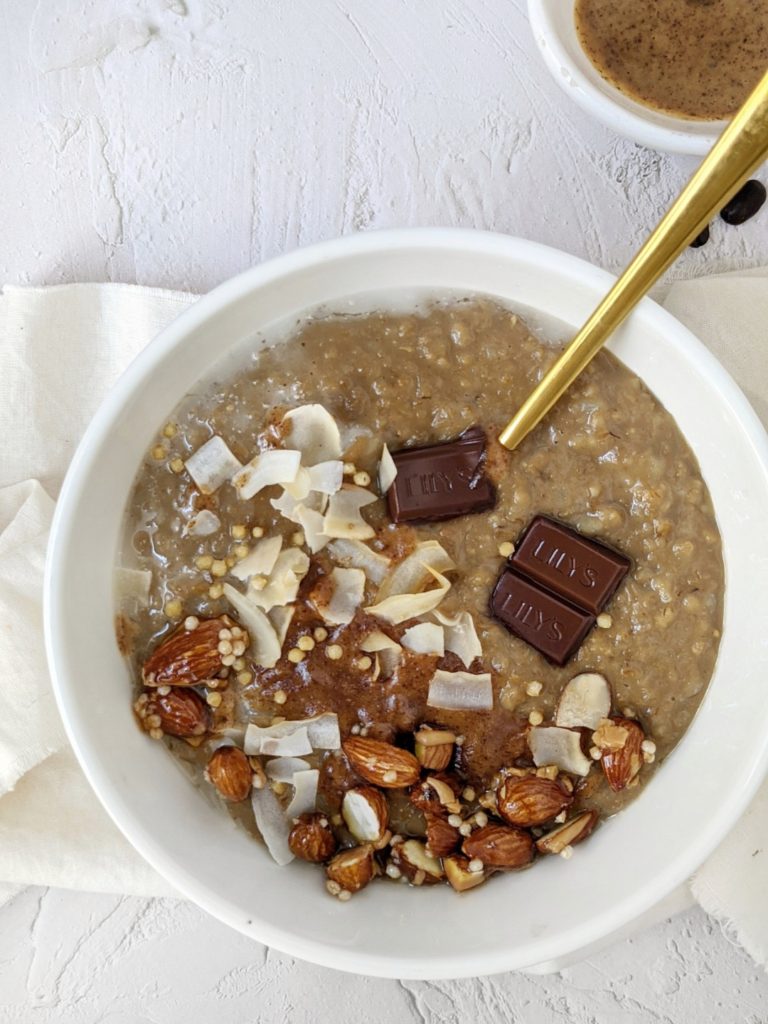 Sweet, gooey and caffeinated Almond Butter-Caramel Macchiato Oats with a Protein punch too! This warm bowl of coffee protein oats is topped with a homemade Vegan salted caramel sauce - a delicious and healthy alternative to your favorite caramel latte.