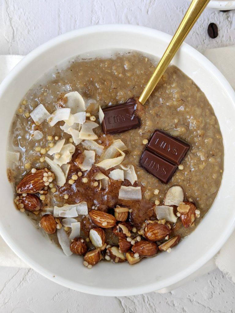 This recipe for caramel macchiato oats or caramel latte oatmeal is super easy to put together once you have the cooked steel cut oats or rolled oats and the vegan caramel sauce.