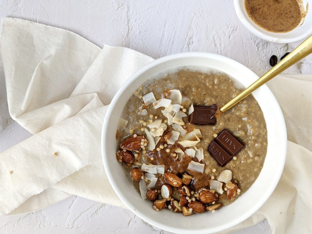 Sweet, gooey and caffeinated Almond Butter-Caramel Macchiato Oats with a Protein punch too! This warm bowl of coffee protein oats is topped with a homemade Vegan salted caramel sauce - a delicious and healthy alternative to your favorite caramel latte.