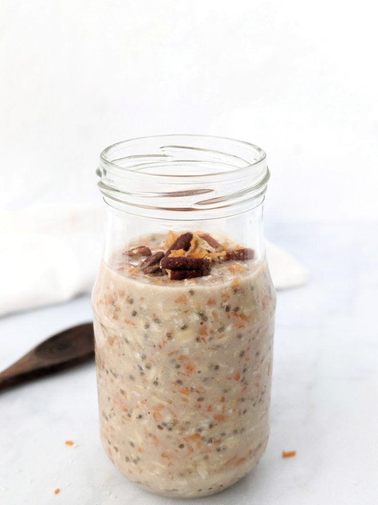 Sweet and Crunchy Coconut Carrot Cake Overnight Oats with shredded coconut, chia seeds, cinnamon, and a hint of maple syrup. An easy, healthy and Vegan overnight oatmeal breakfast that tastes like a freshly baked carrot cake!