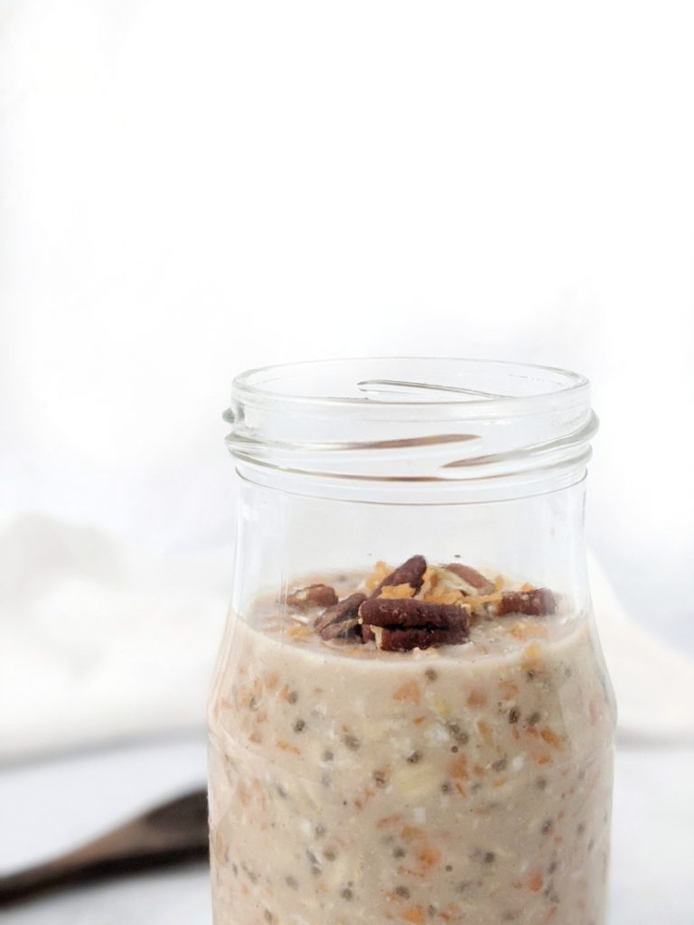 Sweet and Crunchy Coconut Carrot Cake Overnight Oats with shredded coconut, chia seeds, cinnamon, and a hint of maple syrup. An easy, healthy and Vegan overnight oatmeal breakfast that tastes like a freshly baked carrot cake!