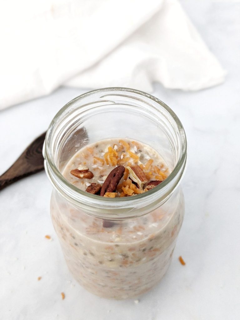 Sweet and Crunchy Coconut Carrot Cake Overnight Oats with shredded coconut, chia seeds, cinnamon, and a hint of maple syrup. An easy, healthy and Vegan overnight oatmeal breakfast that tastes like a freshly baked carrot cake!
