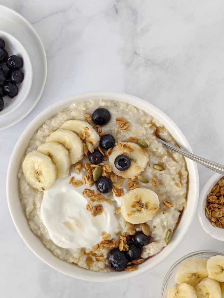 Then all you need to do for this vanilla proats is stir together all the ingredients in a bowl: cooked oatmeal, cauliflower rice, greek yogurt, protein powder, and water. Feel free to use almond milk if you wish.