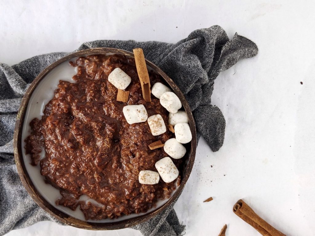 Creamy and Spicy Mexican Hot Chocolate Protein Oats made with cacao and chocolate protein powder, and a hint of cinnamon and cayenne pepper. A protein breakfast bowl with warm spices that tastes like the authentic Mexican chocolate drink!