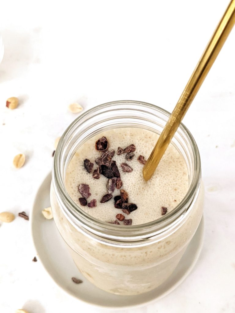 Make this frozen cauliflower and zucchini protein smoothie with peanut butter (or even almond butter for paleo) for a high protein post workout or breakfast protein shake or milkshake.