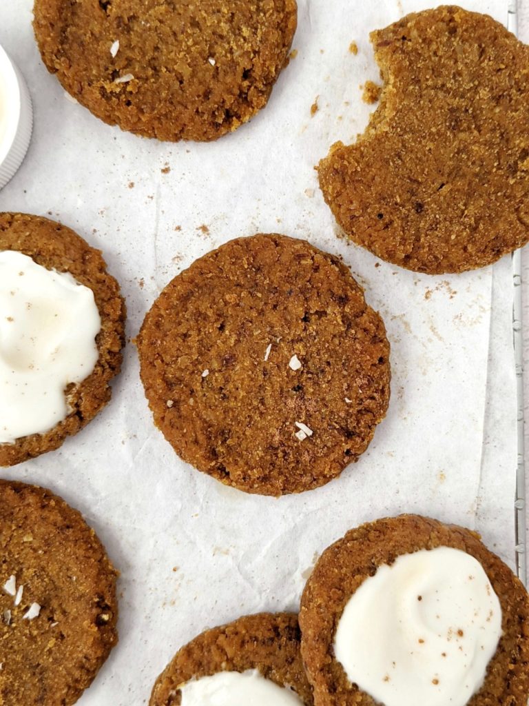 To keep them healthy, and make them even better and healthier, I topped these pumpkin coconut flour cookies with icing made from protein powder.