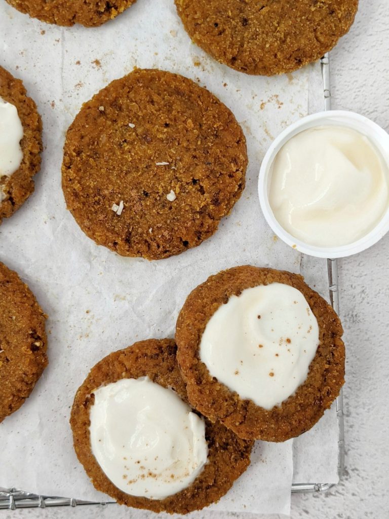 Delicious delicate soft Pumpkin Pie Cookies topped with a sweet protein icing. Made with almond flour, coconut flour and collagen, these healthy cookies are Paleo, Gluten Free, Vegan, Dairy-free, Sugar-free, Low Carb and Keto too - the ultimate pumpkin dessert.