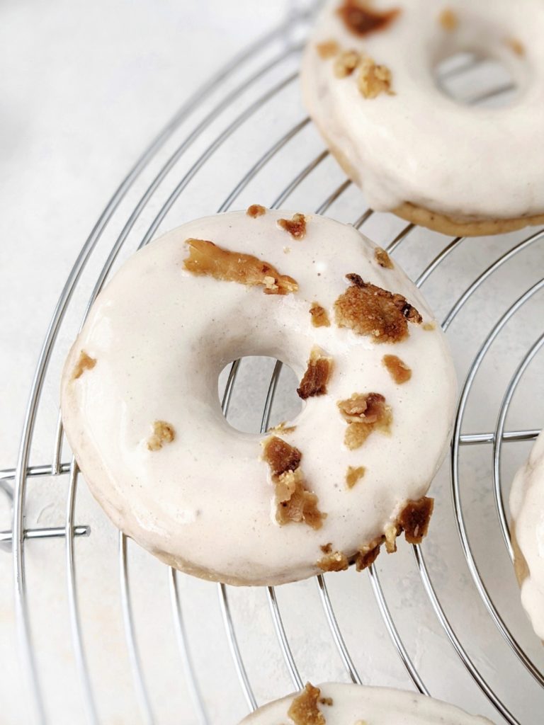 I actually call these double maple bacon protein donuts, because they have bacon pieces not only on the maple glaze, but also inside the baked donut itself! It’s also a double layered glaze, and has protein powder in the donuts and in the glaze too!