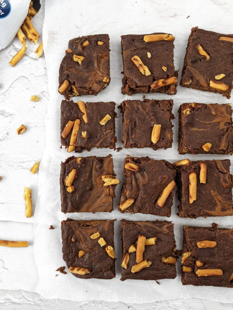 I make these healthy brownie bars with peanut butter, cacao powder and applesauce, but there’s a lot of alternatives you can use here.