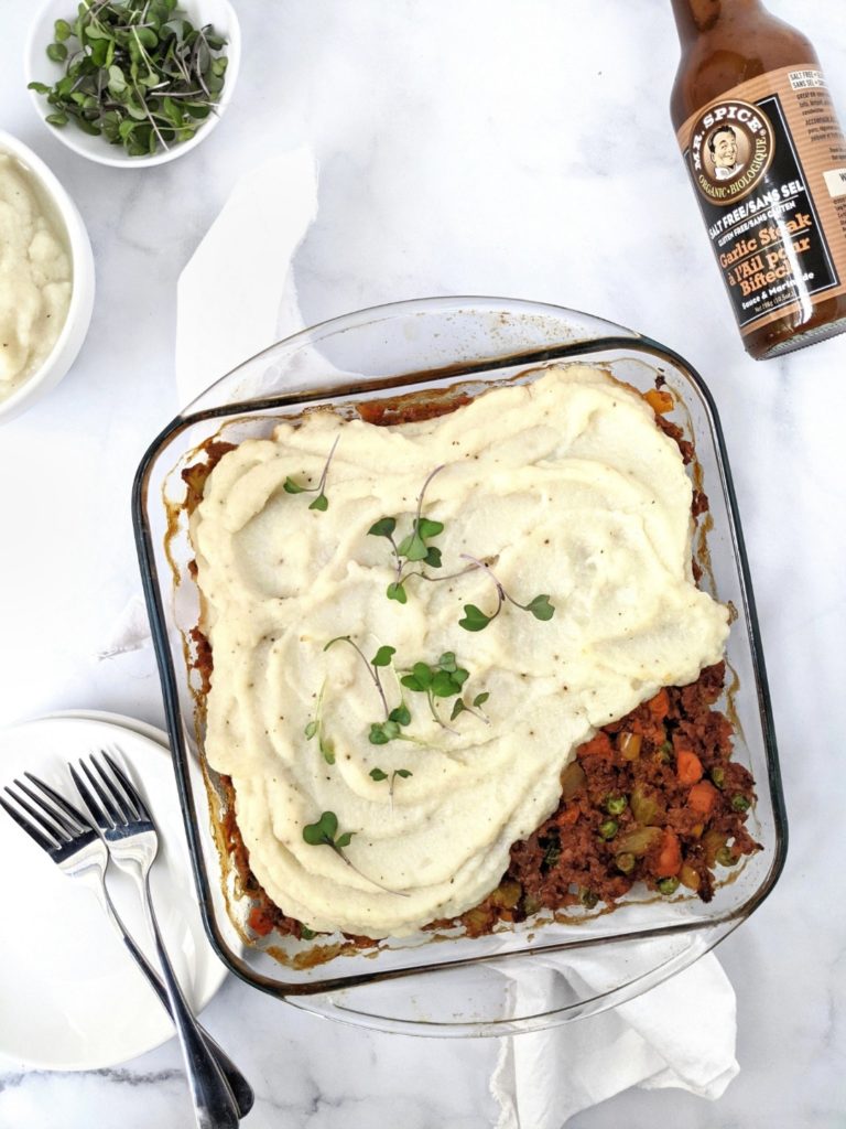 A low carb and Healthy Shepherd’s Pie topped with Mashed Cauliflower and loaded with vegetables. This savory, meaty and easy shepherd’s pie is made with bbq sauce and a bit of cayenne pepper to get it spicy. A great mix of flavors that’s perfect for a cozy fall dinner.