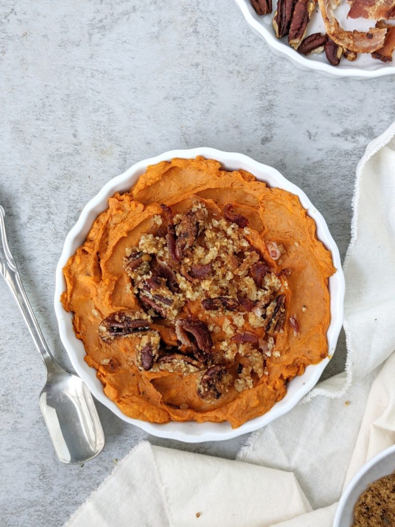 A delicious Sweet Potato Casserole for One topped with a brown sugar Bacon Pecan Streusel. This easy sweet and savory mini sweet potato casserole is made in a ramekin and is great for a single serve or small batch Thanksgiving dessert.