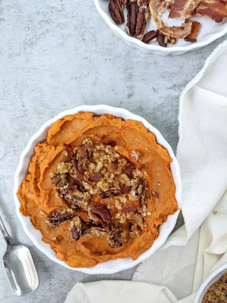 A delicious Sweet Potato Casserole for One topped with a brown sugar Bacon Pecan Streusel. This easy sweet and savory mini sweet potato casserole is made in a ramekin and is great for a single serve or small batch Thanksgiving dessert.